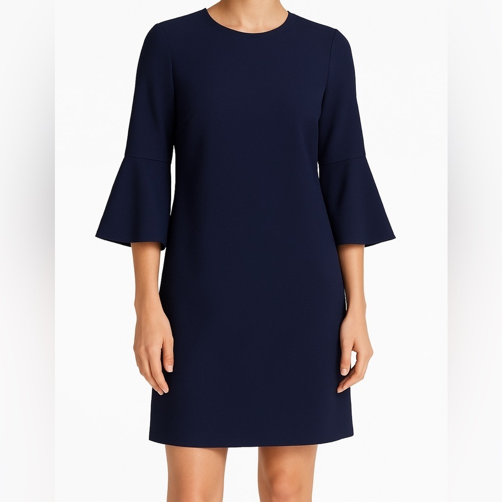 Lafayette 148 New York Navy Bell Sleeve Sleek Shift Dress Office Corporate Sz S‎